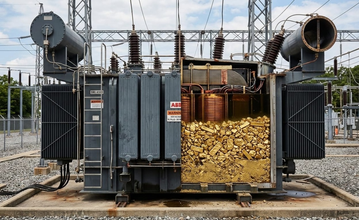 Fiktive Innenansicht eines aufgeschnittenen Trafos, bei dem das Innere mit Gold gef&uuml;llt ist, um zu verdeutlichen, dass beim Recycling dieser Komponenten sehr viel Geld gewonnen werden kann.
