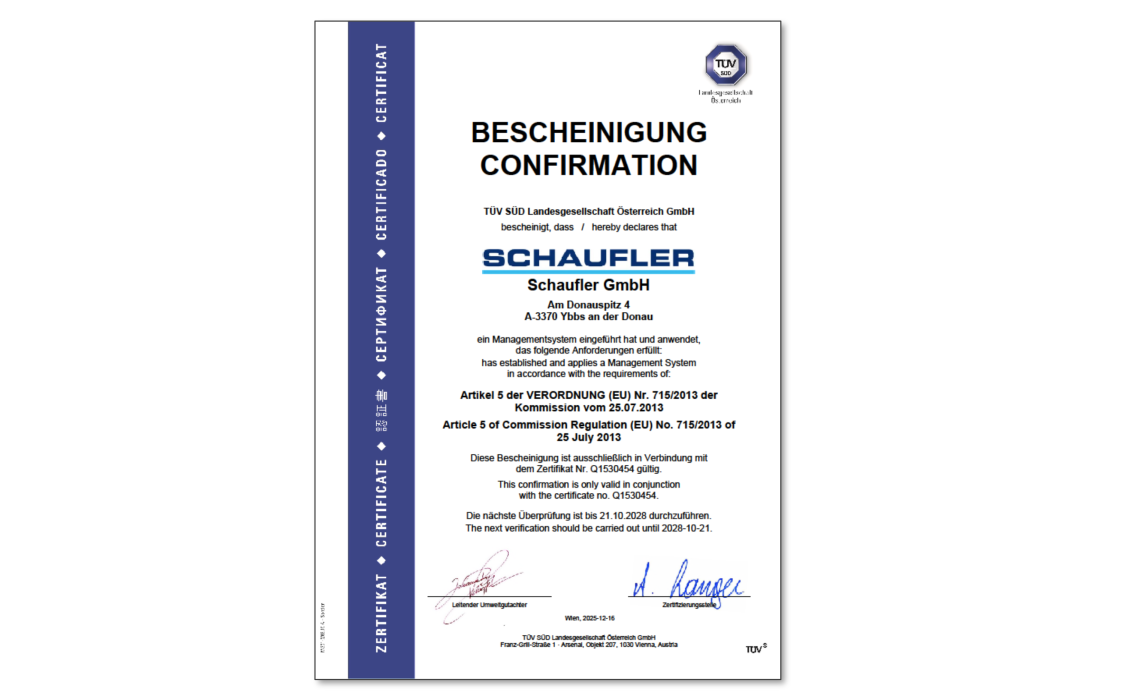 Bescheinigung &uuml;ber die Anwendung eines Managementsystems nach Art.5 EU-VO Nr. 715/2013